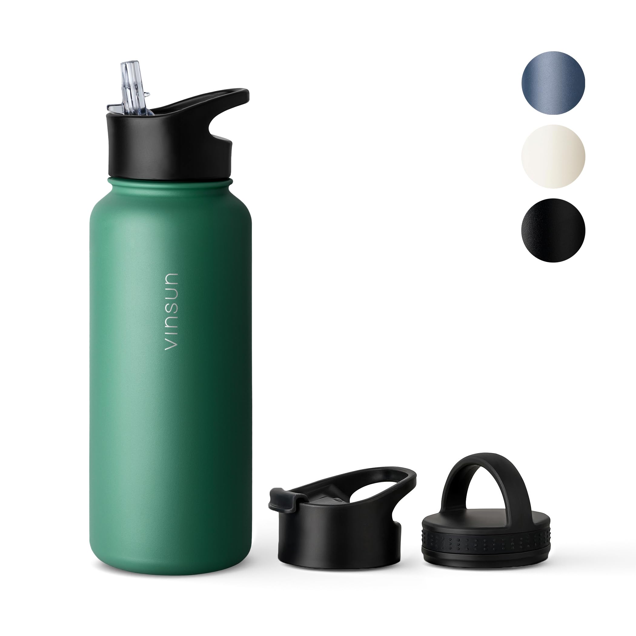 VINSUN Stainless Steel Water Bottle Green 1L - 3 Lids - Leakproof, Carbonic Acid Suitable, BPA Free - Lightweight Thermo Bottle for Sport, Outdoor, School, Office, Gym