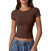 QINSEN Short Sleeve Shirts for Women Round Neck Basic Double Lined Tees Fitted Y2k Crop Tops