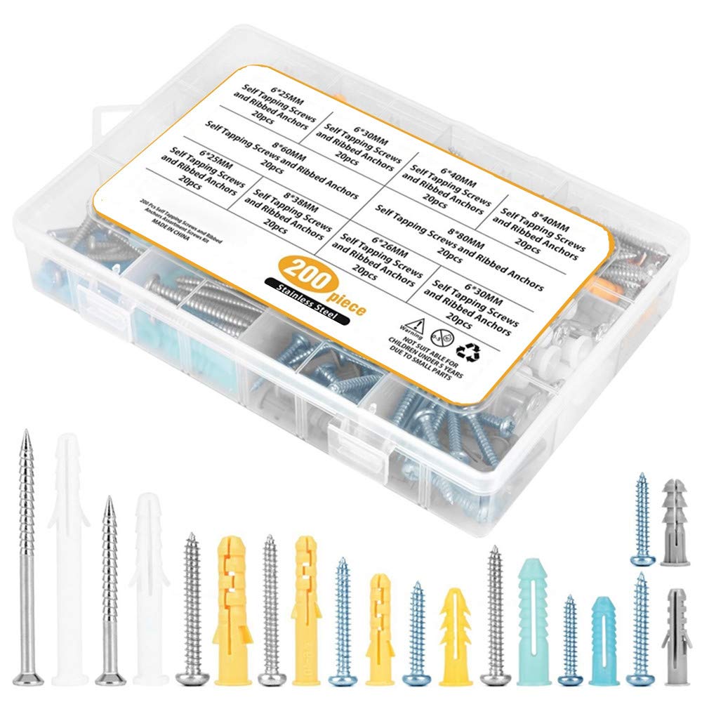 200pcs Anchors Assortment Kit with self Tapping Screws Expansion Rubber Plug Combination Screw Plastic Rubber Plug