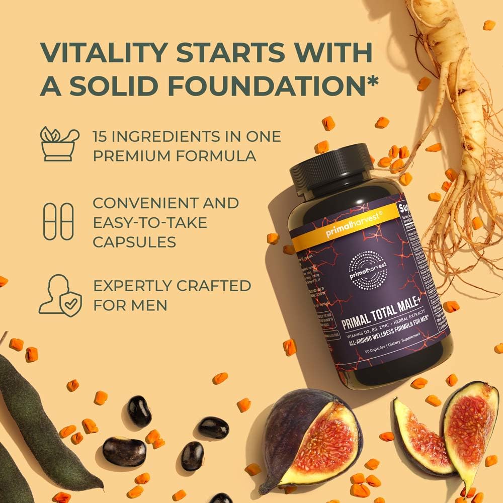 Primal Harvest Total Male+ Multivitamin for Men with Essential Vitamins, Minerals and Herbal Support for Energy, Vitality, Immune Health and Performance