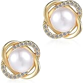 Yolev Pearl Stud Earrings for Women Gold Knot Pearl and Diamond Earrings Cute Elegant Small Pearls Earrings 18K Gold Plated Sterling Silver Post with two earplugs for Bridal Wedding Prom Jewelry Gift