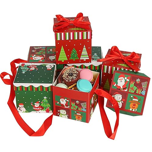 LOKIPA Small Christmas Boxes,6 Collapsible Folded Christmas Candy Sweet Present Boxes with Ribbon for Christmas Kids Party