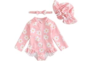 FishingDino Baby Swimsuit Girl Rash Guard Newborn 0M-3T, Long Sleeve UV Infant Bathing Suit with Hat & Headband, Bottom Snaps