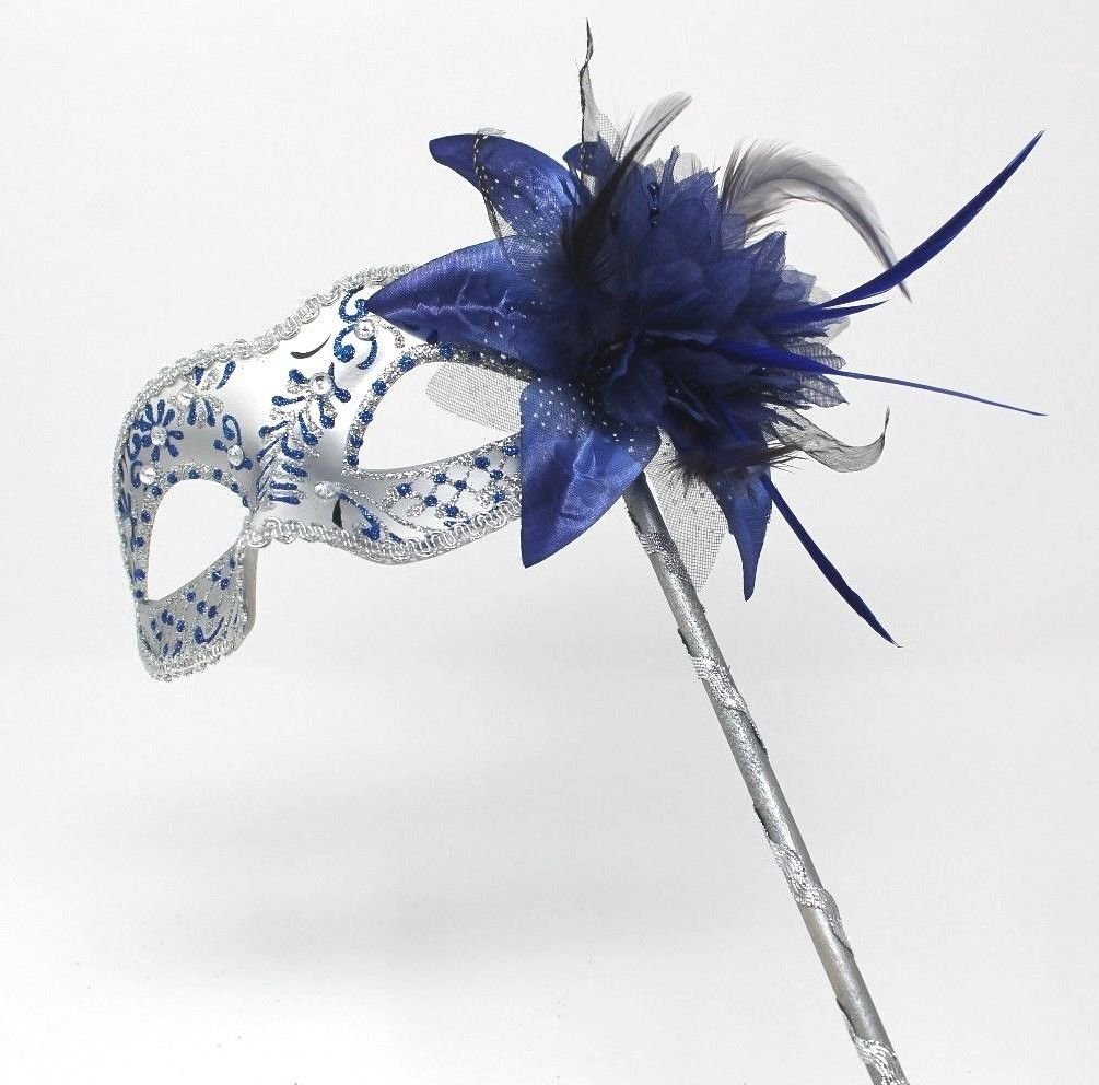 LADIES SPARKLING BLUE & SILVER VENETIAN MASQUERADE CARNIVAL PARTY EYE HAND HELD MASK ON A STICK WITH DIAMONTES AND FLOWER
