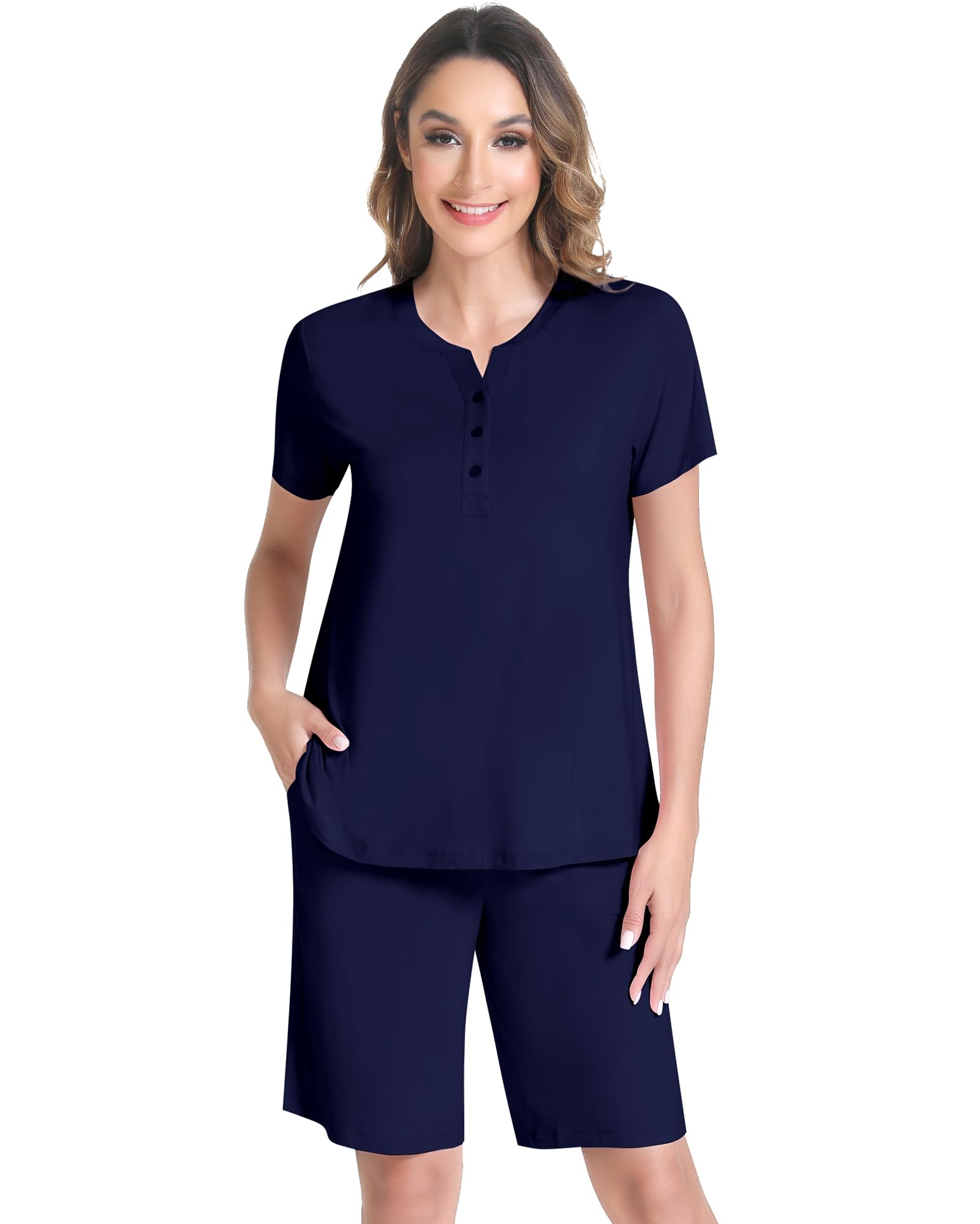 Photo 1 of NACHILA Women Pajamas Set-Viscose Made from Bamboo, Short Sleeve Top with Bermuda Shorts Sets Pleated Pjs Set Cool Sleepwear Navy Blue XX-Large