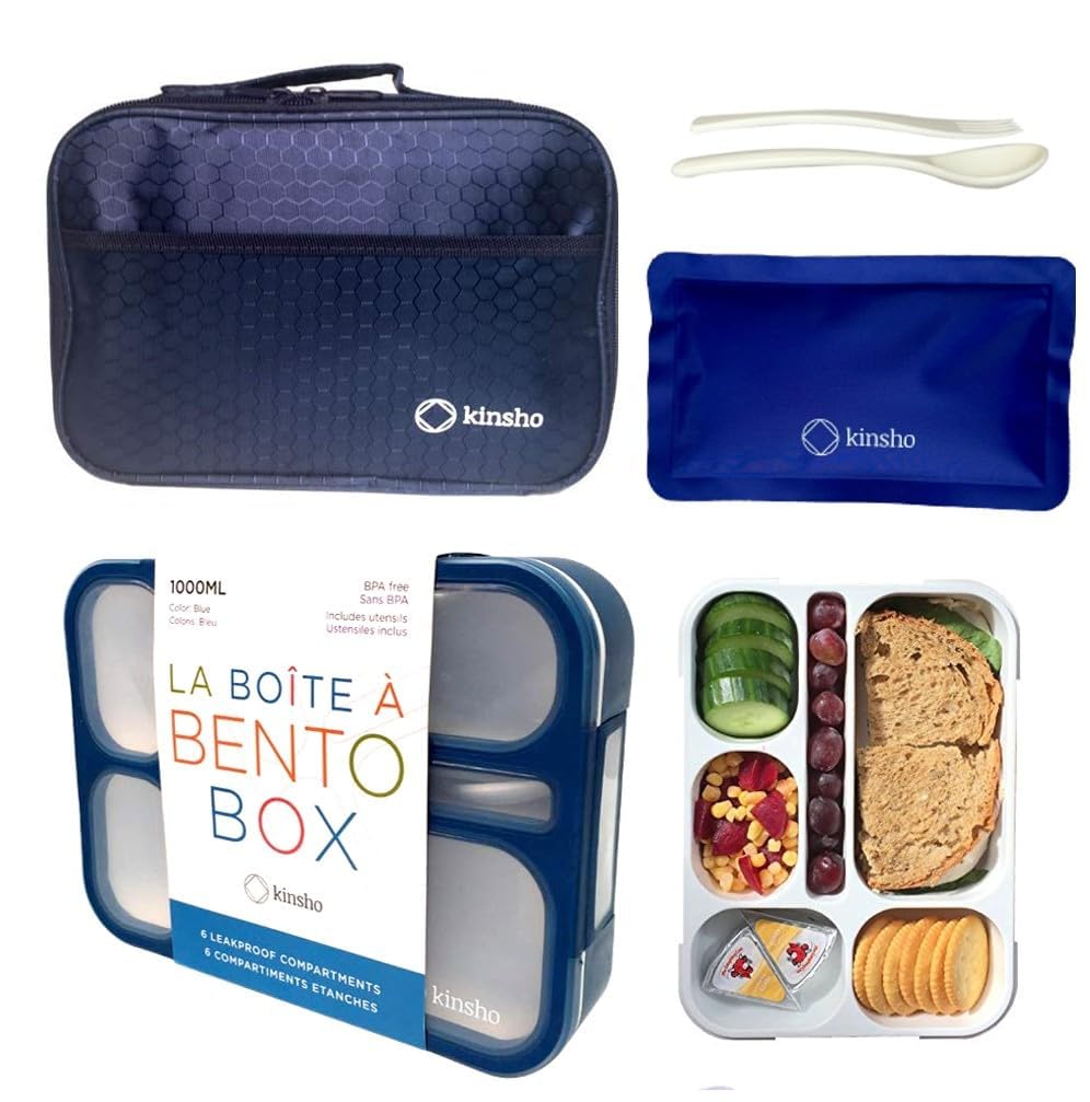 Bento Box with Bag and Ice Pack Set | Lunch-Box for Kids Boys Adults | 6 Compartment Leakproof School Boxes or Meal Portion Containers, Matching Insulated Bags, BPA-Free | Navy Blue Kit