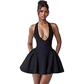 Voghtic Women's Sexy Deep V Neck Halter Backless Mini Dresses Party Clubwear Pleated A Line Short Dress