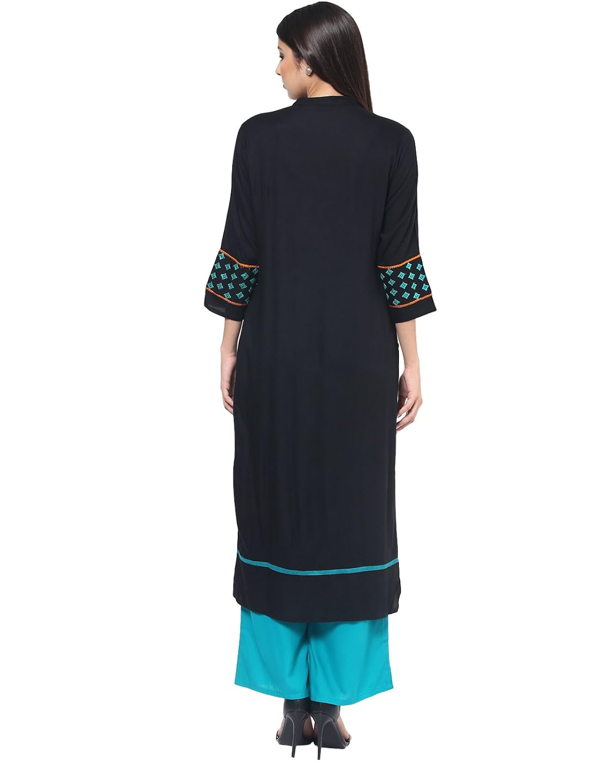 jaipur kurti rayon black & turquoise embroidered kurta and palazzo set