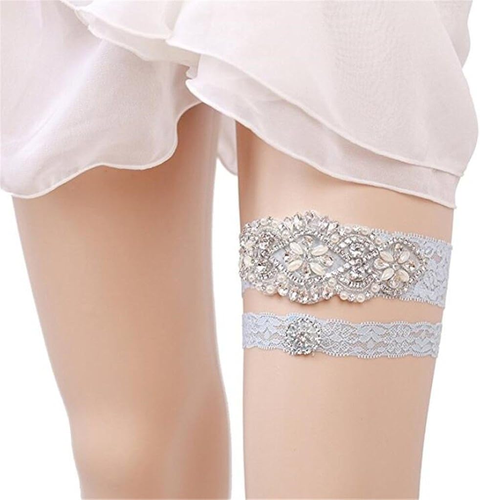 Amazon Com Yiweir Women Wedding Lace Garter For Bridal Rhinestones Garters Belt Set Of 2 Blue Bride Clothing