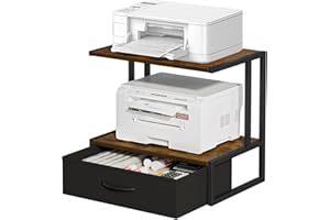 VYUOL Printer Stand with Storage for Desk, with Fabric Drawer Desktop Printer Stand Shelf Organzier for Home Office, for Above and Under Desk Printer Table, Fax Machine Copier Scanner, Rustic Brown