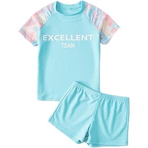 Girls Cartoon Crocodile Rash Guard Swim Set Quick Dry 3Pcs Kids Swimsuit with Swim Cap Beach Pool Swimwear (Blue,X-Large)