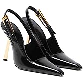 THESHY Women's Slingback Stiletto High Heels Square Toe Metal Buckle Pumps Backless Patent Leather Fashion Dress Shoes for Women