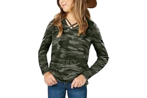 simtuor Girls Camouflage Stripe Short Sleeve Shirts V Neck Criss Cross Tees Sweat Kids Casual Sport Tops Blouse（4-15T）