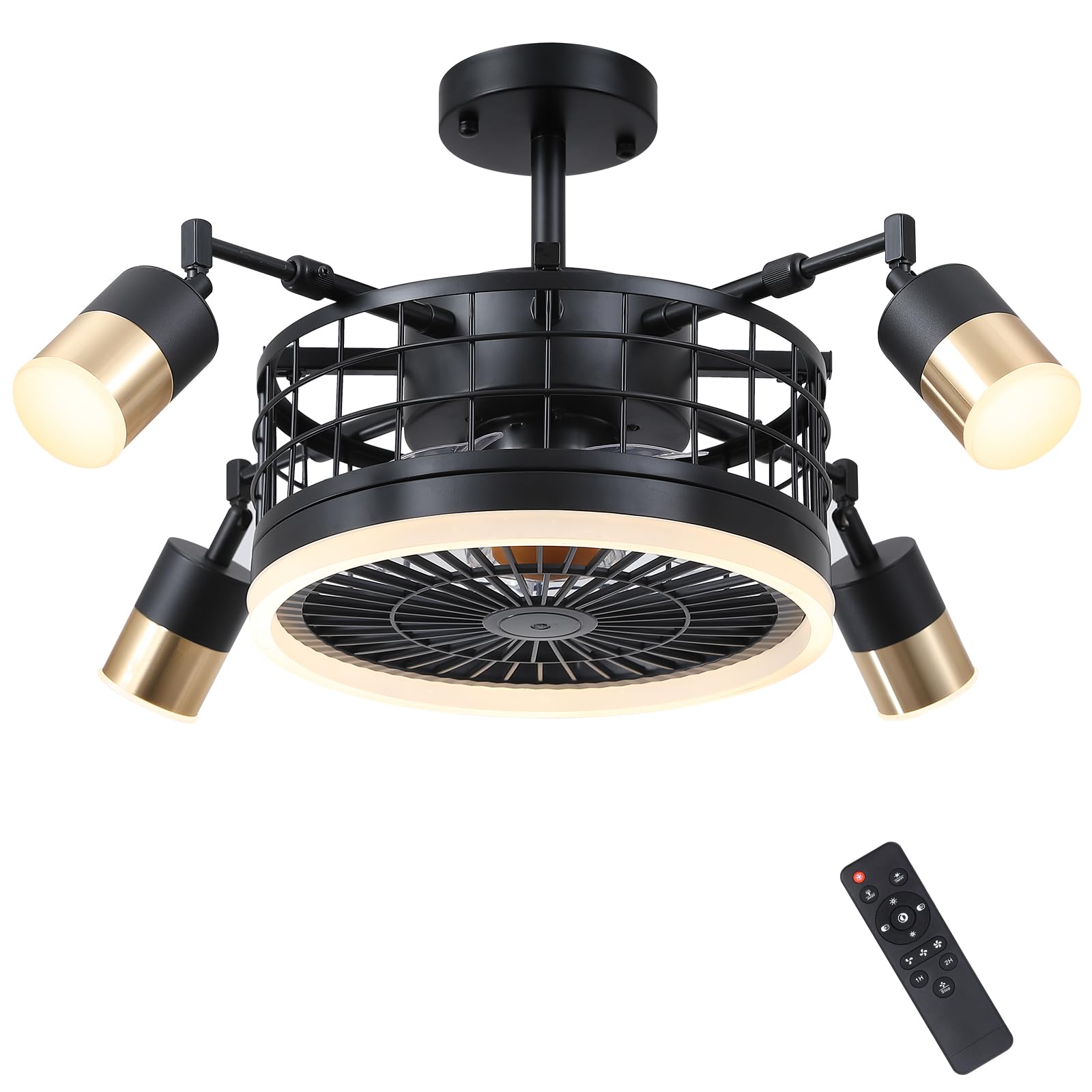 Photo 1 of Caged Ceiling Fans with Lights - Modern Flush Mount Low Profile Indoor Ceiling Fans with Remote Control?24" Farmhouse Ceiling Fan Light Fixture for Bedroom?Black?