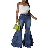 Sexyshine Women's Bell Bottom Jeans High Waist Ruffle Flared Tiered Denim Pants Retro 70s Wide Leg Long Pants