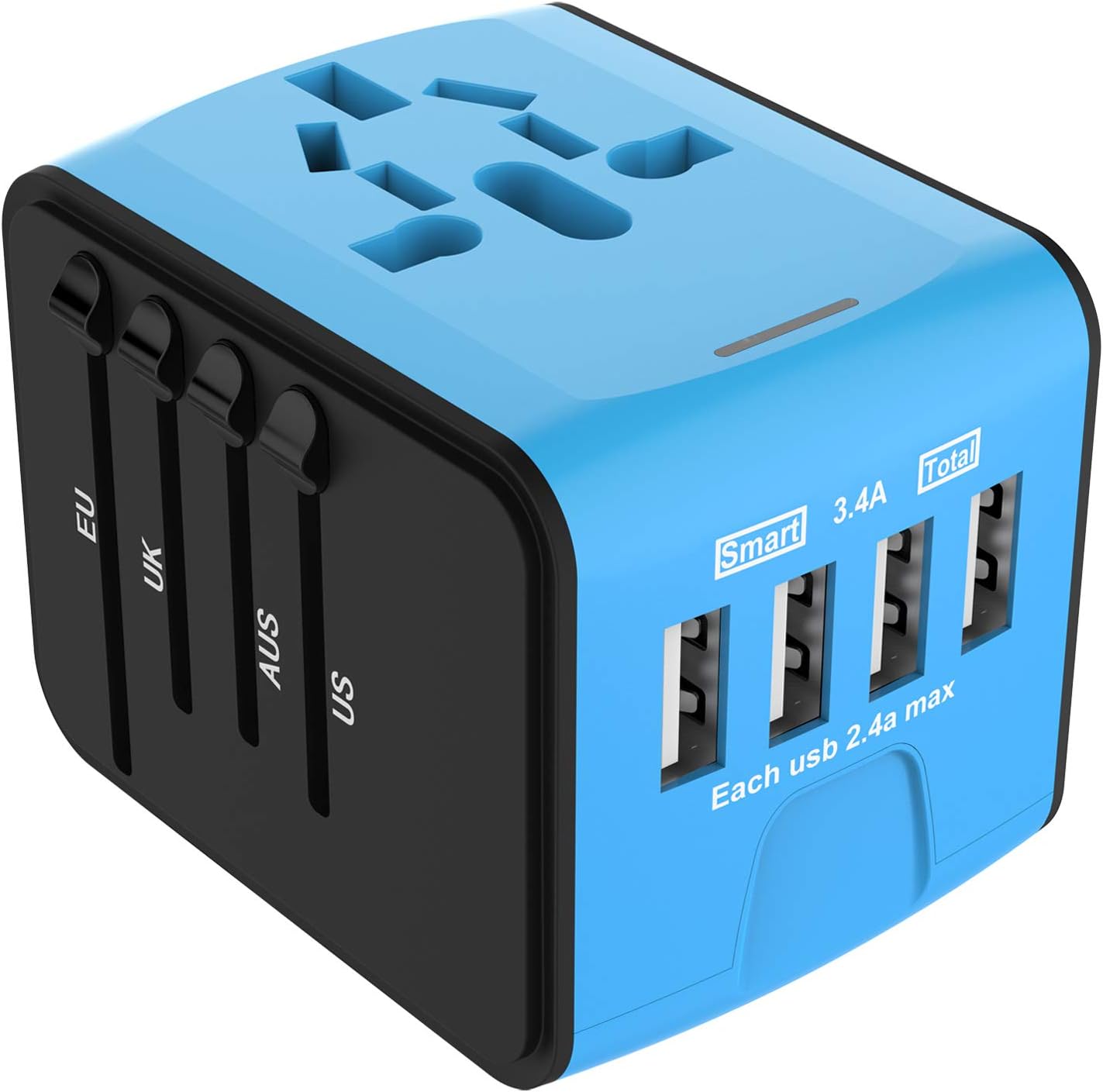 Jollyfit International Universal Travel Adapter 4 USB 2.4A Charger AC Power Wall Plug US UK AU EU Worldwide 150 Countries with Safe Fuse for Europe European Germany France Italy (Blue 4 USB)
