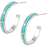 Hoop Turquoise Earrings Sterling Silver 925 Genuine Gemstones & Gemstones