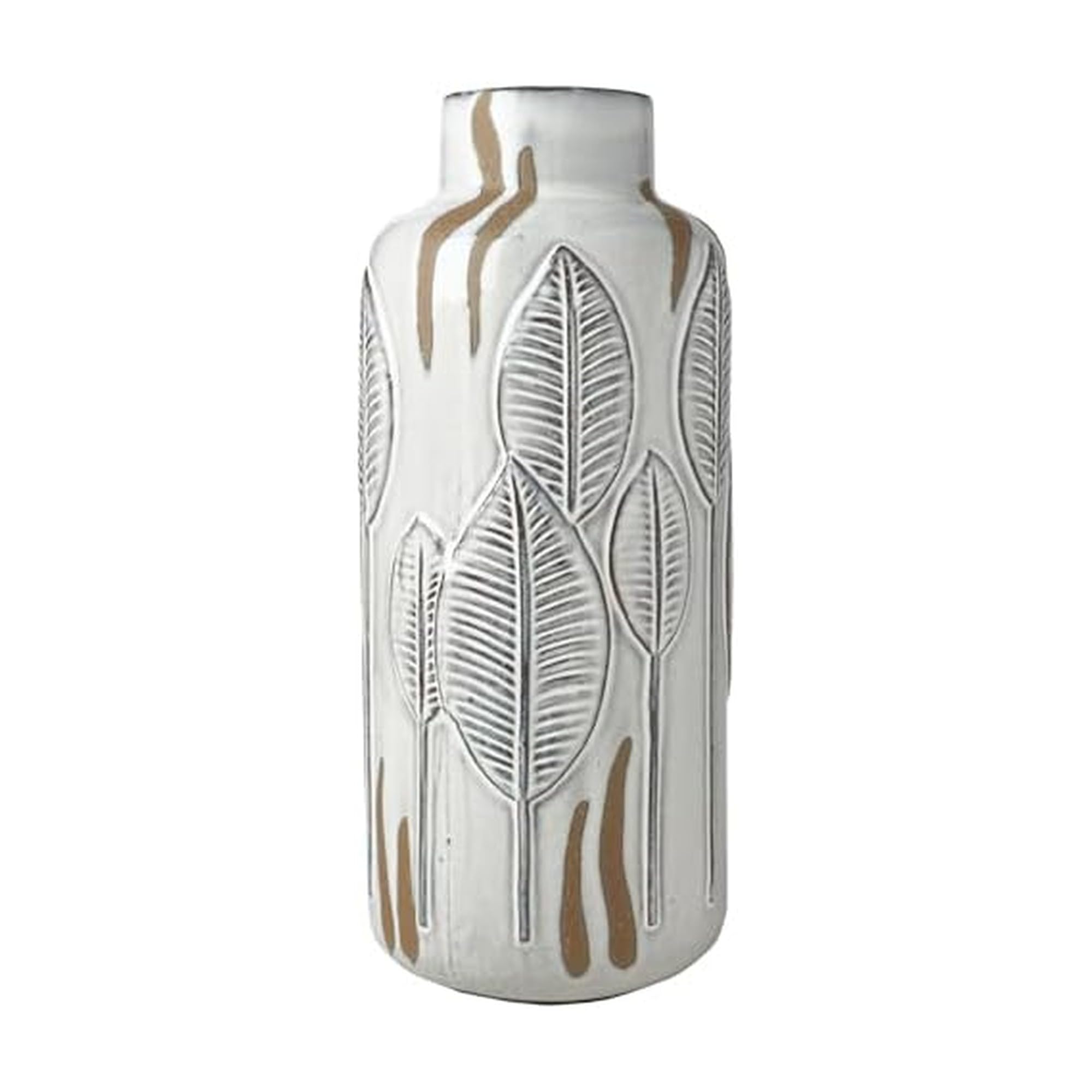 Mikasa Embossed Leaves White and Beige Ceramic Vase, 5.91x5.91x13.78 Inch