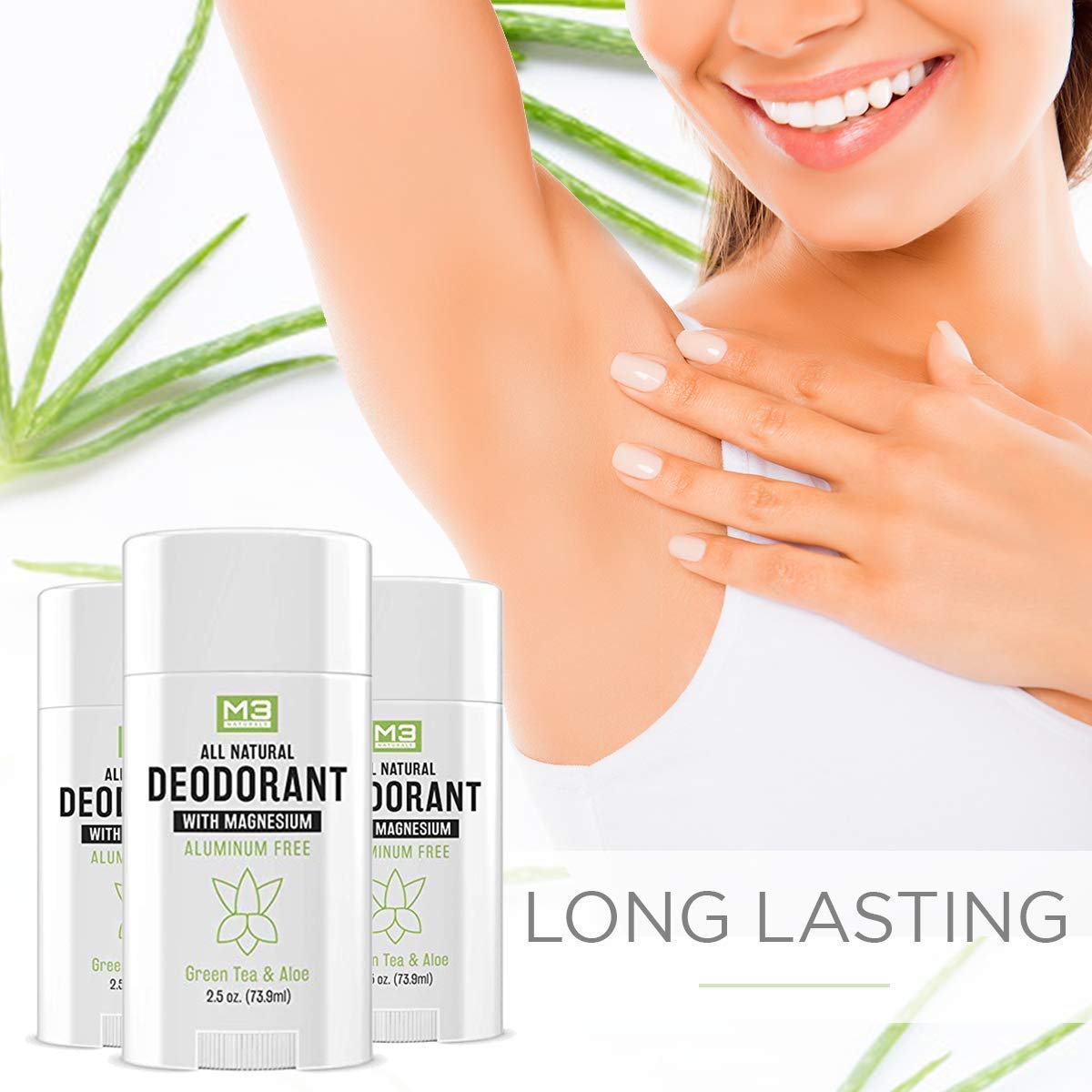 M3 Naturals Natural Deodorant with Magnesium, Green Tea and Aloe - Long-Lasting, Non-Toxic, Free of Aluminum, Baking Soda, Parabens, Sulfates and Gluten – For Men and Women - Vegan, Organic 2.5 oz : Beauty