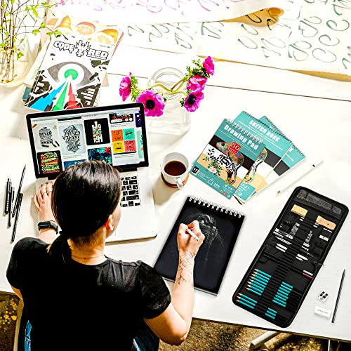 KALOUR 50Pack Sketch Drawing Pencils Kit with 3Color Sketchbook