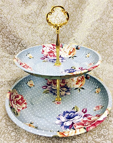 Charmed Vintage Floral pattern 2 tier cake and pastry stand server (Blue)