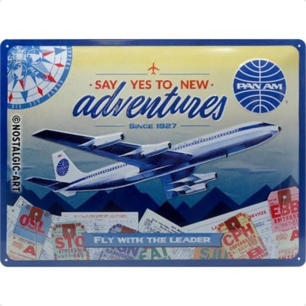 Nostalgic Art Retro Tin Sign – Pan Am – New Adventures – Gift idea for travel addicts, Metal Plaque, Vintage design for wall decoration, 30 x 40 cm