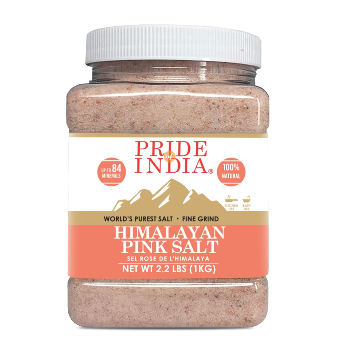 Pride Of India - Pure Himalayan Pink Salt - Enriched w/ 84+ Natural Minerals, Fine Grind 2.2 Pound (35.2 oz.) Jar - Himalayan Salt, Himalayan Pink Salt, Pink Himalayan Salt, Grind Salt, Pure Rock Salt