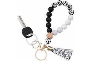 BAOSIWA Silicone Key Ring Bracelet Wristlet Keychain Unique Beaded Bangle Key Chains for Women with Leather Tassel
