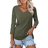 ORANDESIGNE Women's 3/4 Sleeves V Neck T Shirts Color Block Casual Summer Tops Fashion Loose Shirts Tees