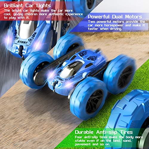 RC Cars Stunt Car Toy, SHARKOOL 4WD 2.4Ghz Remote Control Car Double Sided Rotating Vehicles 360° Flips, Kids Toy Cars for Boys & Girls Birthday (Pearl Blue)