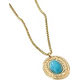 VIEKYBUTTY Boho Vintage Oval Faux Turquoise Pendant Necklace with Snake Chain - Teal Blue Statement Jewelry for Women, Bohemian Gift,Adjustable Boho Style Necklace for Women's Daily Wear