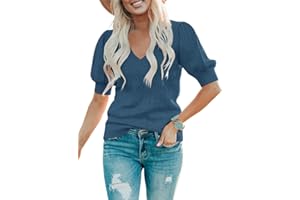 Foshow Womens Puff Short Sleeve Sweaters Tops Fall Soft Crew Neck Dot Pullover Shirt Lightweight Knit Sweater Blouse