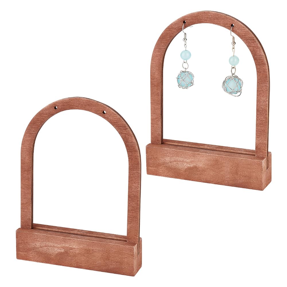 FINGERINSPIRE 2 Set Hollow Arch Shaped Wood Earring Display Stand 13.5cm Height Single Pair Earring Display Holder with Wooden Base Coconut Brown Wooden Jewelry Stand for Earring Display