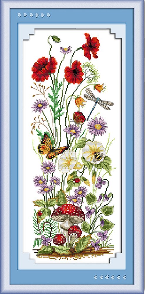 CaptainCrafts Cross Stitch Kits Stamped Cross Stitch Pre-Printed Fabrics Embroidery Kit Starter Kits for Beginner Adults Welcome The Spring, Butterfly Flowers Dragonfly (Stamped)