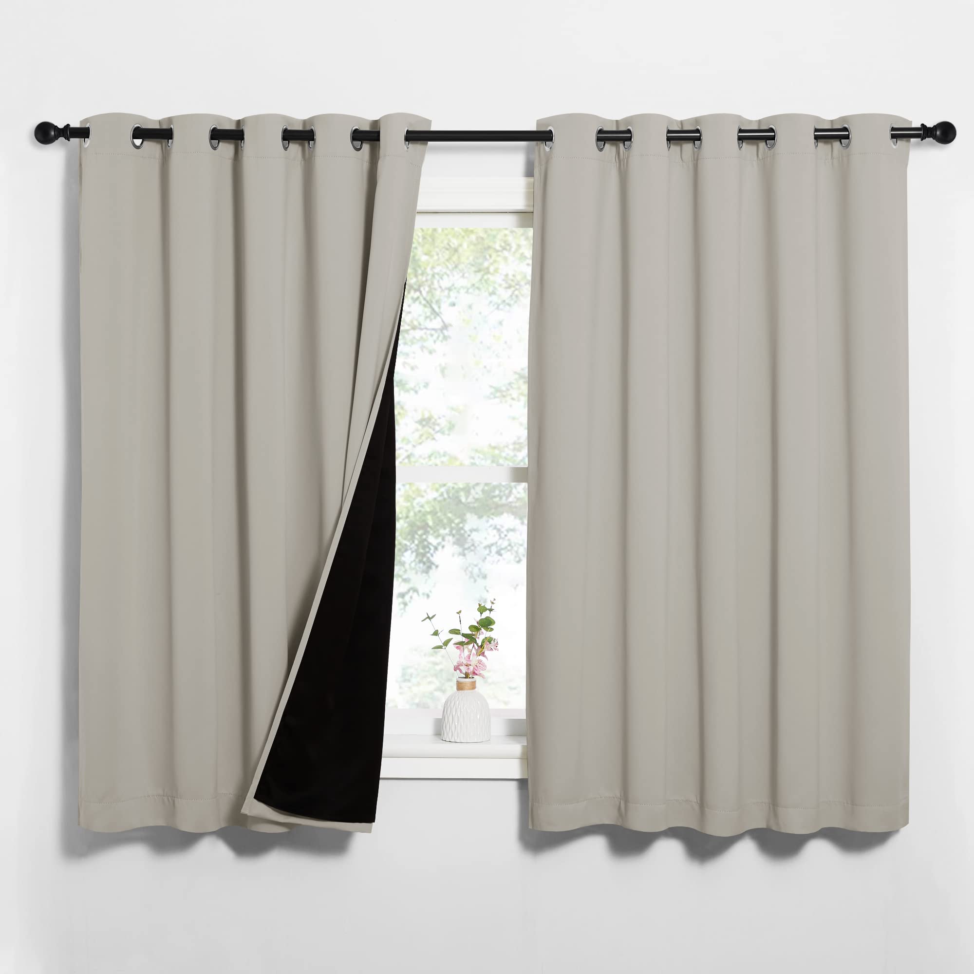 Photo 1 of NICETOWN Natural 100% Blackout Lined Curtains, 2 Thick Layers Completely Blackout Window Treatment Thermal Insulated Drapes for Kitchen/Bedroom (1 Pair, 62 inches Width x 63 inches Length Each Panel)
