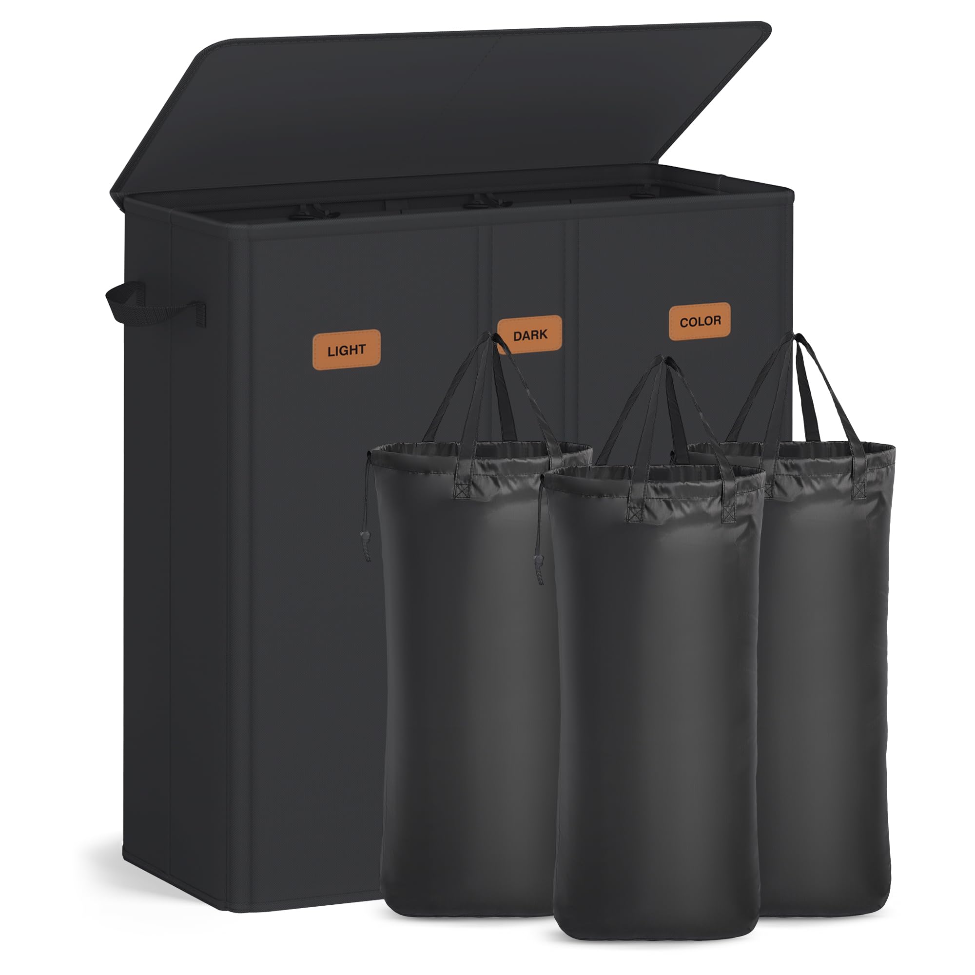 SONGMICS 47.6 Gallon (180 L) Laundry Hamper, 3-Compartment Laundry Basket Sorter with Lid, Labels, Removable Liner Bags, for Bedroom, Ink Black URLH013B01