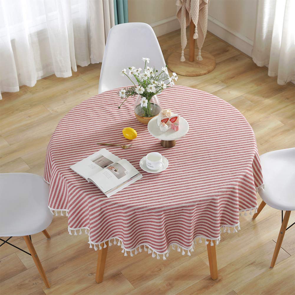 meioro Round Tablecloth Round Tablecloth with Striped Tassels Table Protector Linen Table Skirt Kitchen Dining Table (Red/White Stripes, Diameter 120 cm)