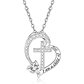 MANBU Sterling Silver Cross Necklace for Girls: Heart Birthstone I am a Child of God Pendant Religious Jewelry Baptism First Communion Confirmation Gifts for Teens