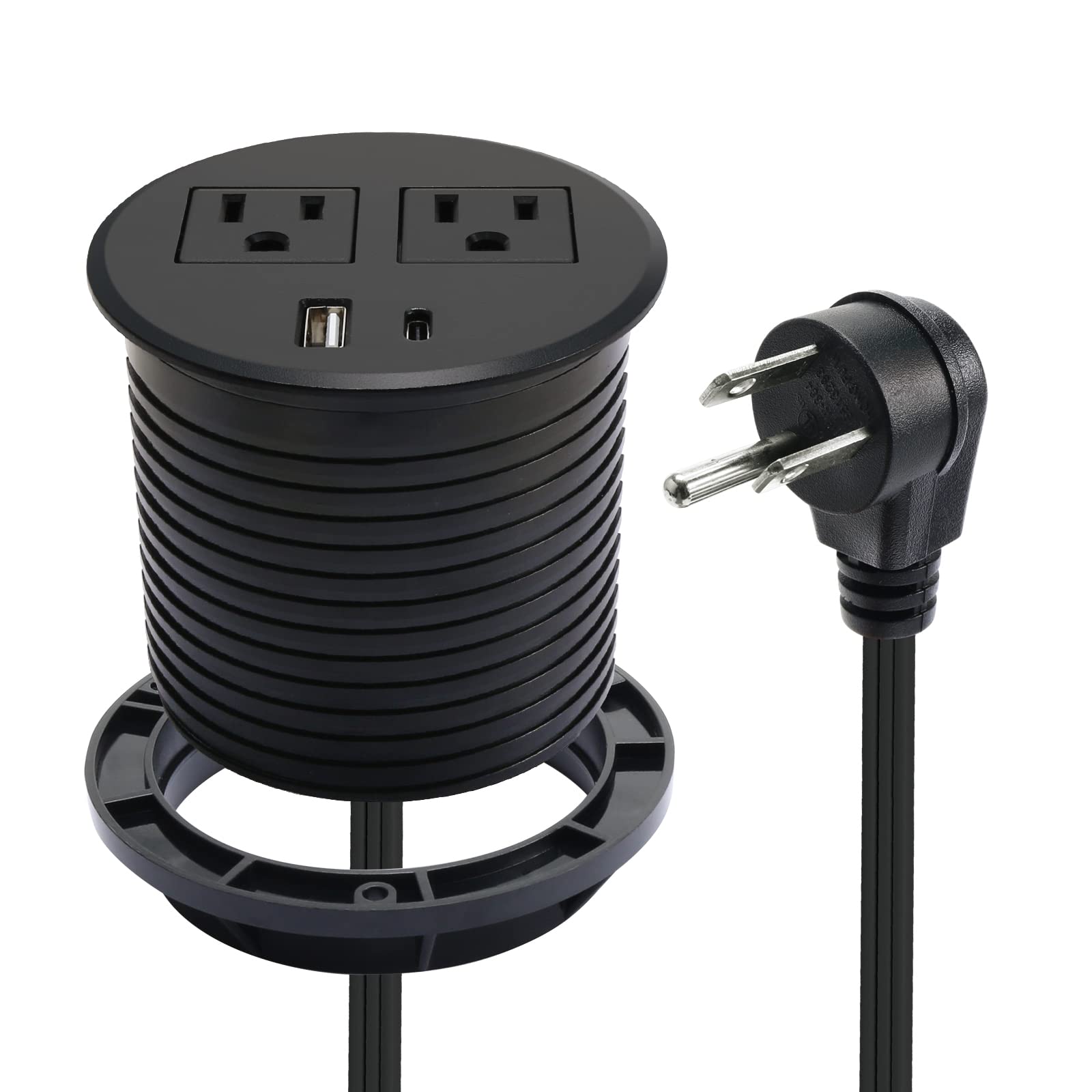 Photo 1 of Desk Power Grommet USB C Recessed Power Strip 2 Outlet 2 USB Ports (1 USB-C & 1 USB) Mountable Power Station Flat Plug Extension Cord for Desktop Sofa Table BedHead Kitchen Island Black