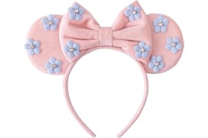 PAITTY Pearl Mouse Ears Bow Headbands for Girls Kids Sparkle Hair Band Ear Headband Party Princess Trip Cosplay Costume Decor (Pale Pink Flower)