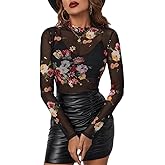 dzmelzu Floral Mesh Long Sleeve Tops for Women Sheer Lace Tops Mock Neck Sexy Going Out Tops for Casual Spring Outfits