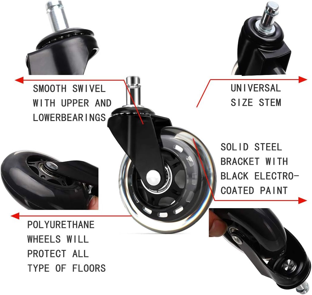 3 In Office Chair Wheels Black Replacements (Set of 5), Swivel chair wheelsfor All Floors Including Hardwood, Perfect Replacement for Rubber Desk Chair Casters Rollerblade Style Universal fit : Office Products