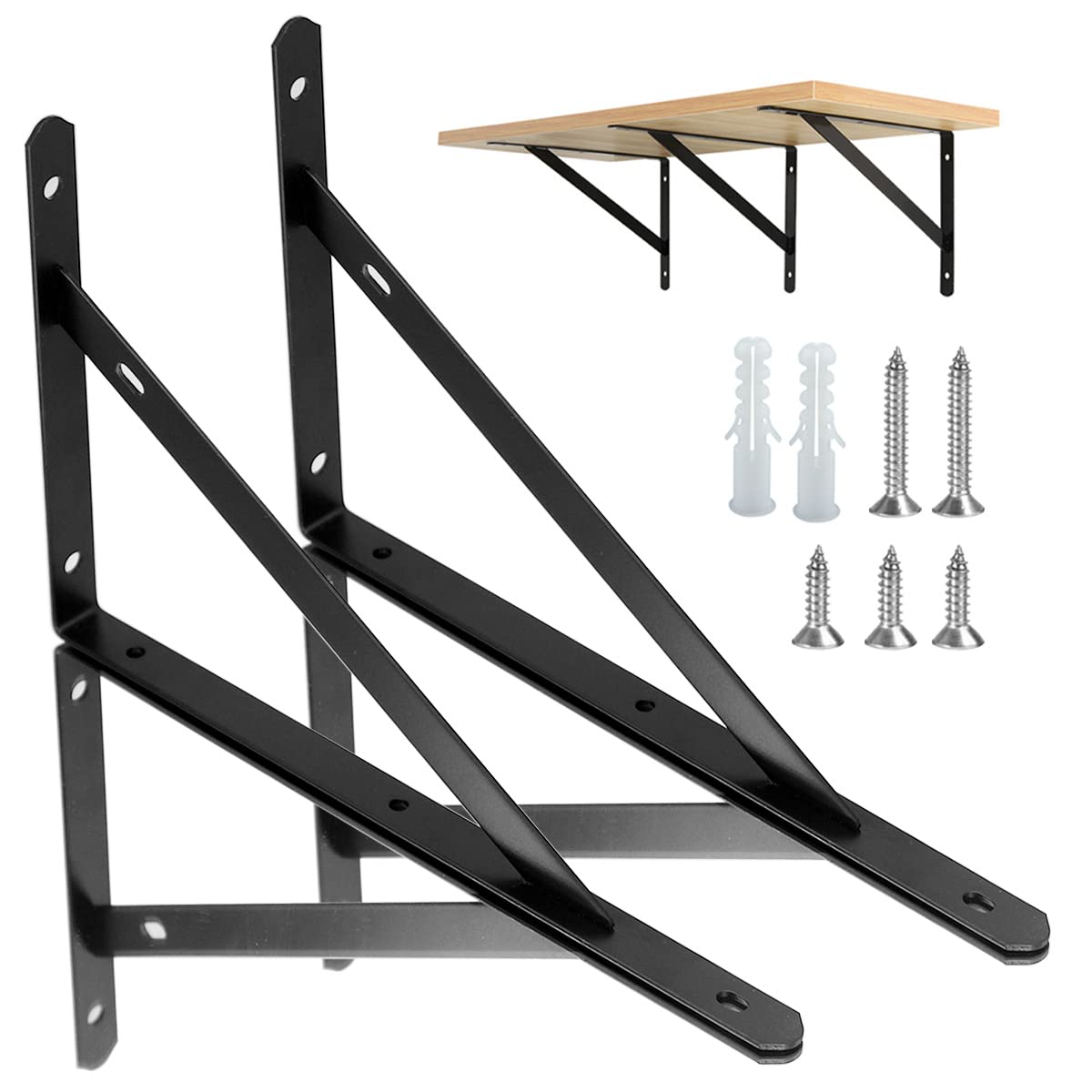 Shelf Brackets Heavy Duty Triangle Shelving Brackets Right Angle Wall Mounted Shelf Supporters Easy to Install Wall Bracket for Shelf，Accessories Included, 10 inches 4 Pack (Black)