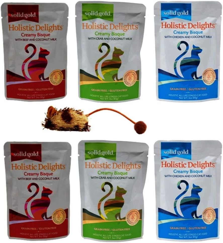 Wet Cat Food Pouches Grain Free Creamy Bisque Topper Holistic Formula 3 Flavor Variety Plus Catnip Mouse Toy Bundle, (2) Packets each: Beef, Crab, Chicken in Coconut Milk (3 Ounces)
