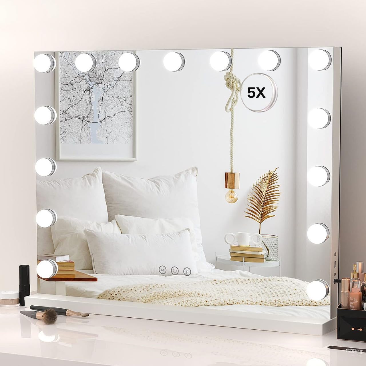 HIEEY Vanity Mirror with Lights, Hollywood Lighted Mirror with 15 Dimmable LED Bulbs, Makeup Mirror with Lights, and 5X Magnification Mirror, 3 Colors Modes,Touch Control, Metal Frame,White Image