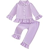fhutpw Toddler Kids Baby Girl Pajamas Set Solid Color Ruffle Long Sleeve Button Shirt Top Pants Cotton Infant 2Pcs Pjs Set