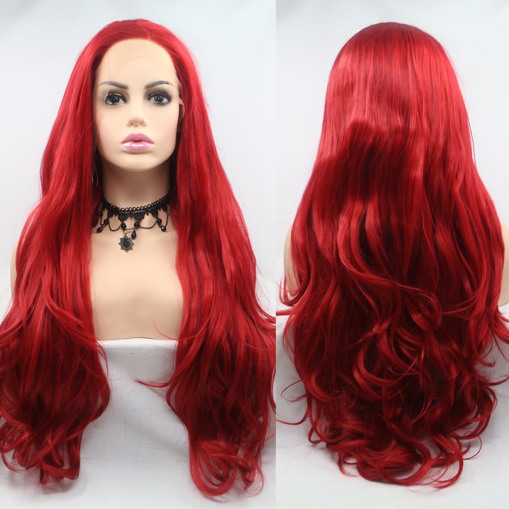 Xiweiya 13x3 Lace Hot Red Lace Front Wig Long Body Wavy Bright Red Hair Glueless Synthetic Lace Front Wigs Heat Resistant Fiber Replacement Wig for Women, Drag Queen Halloween Cosplay Wig 24 inch — image 1
