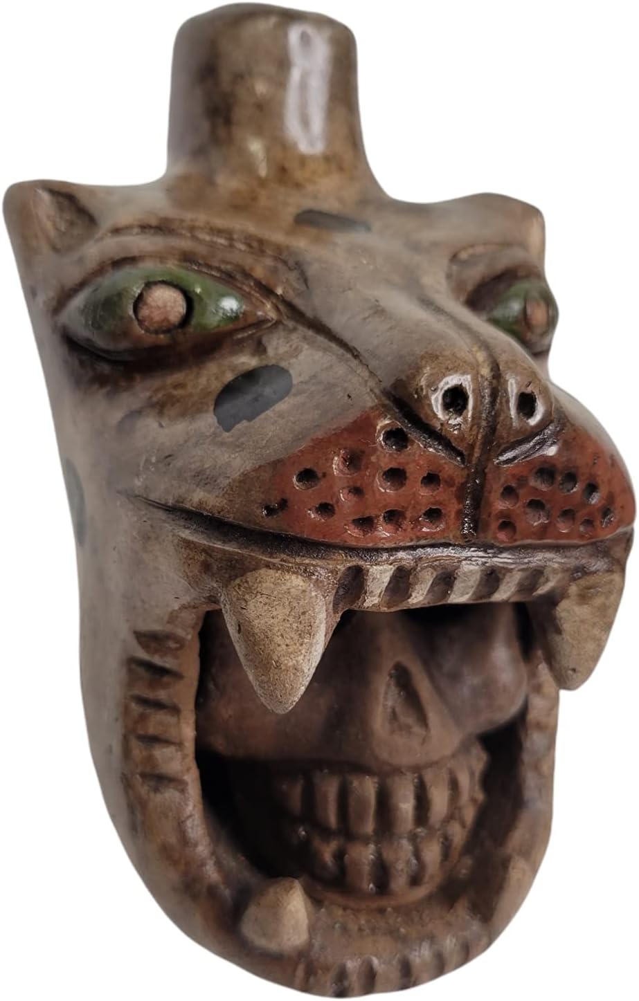 Mixed Media - Jaguar Roar Whistle, Jaguar Warrior, Loud, Handmade Clay Aztec Replica, Death Whistle. (Natural)