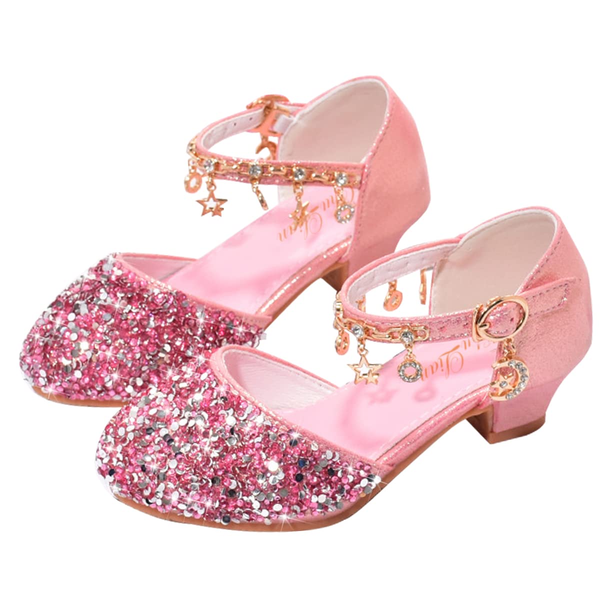 Photo 1 of Size 28--ChuLian Little Kids Girls Dress Pumps Glitter Sequins Princess Low Heels Mary Jane Party Dance Shoes Rhinestone Sandals Pink 28