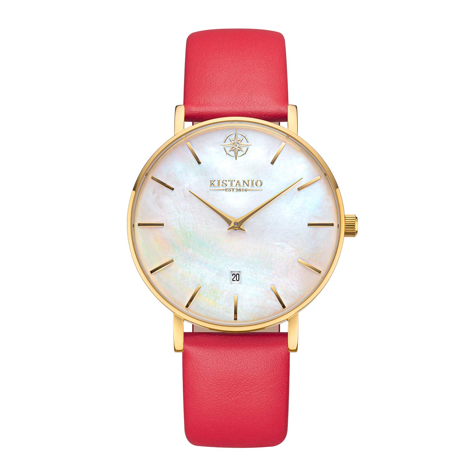 Kistanio Moyen Flat Women's Watch with Leather Strap Sapphire Glass 38 mm Diameter Stainless Steel Date Various Variations, Gold / Mother of Pearl / Red, Strap.